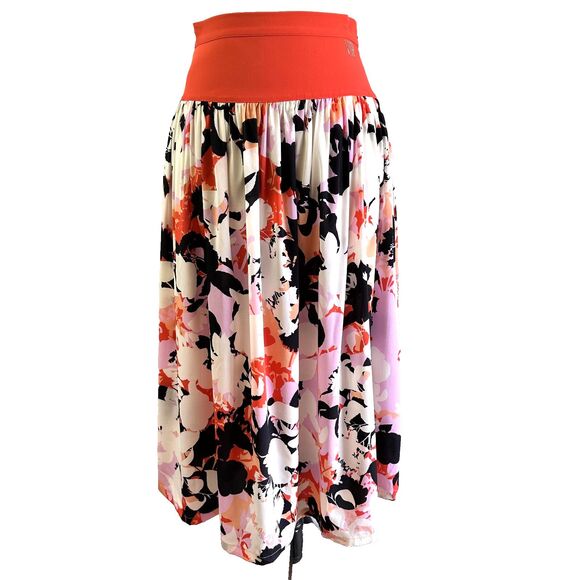 VDP Collection Women's Orange Floral Midi Silk Skirt Pockets Sz 6 Italy